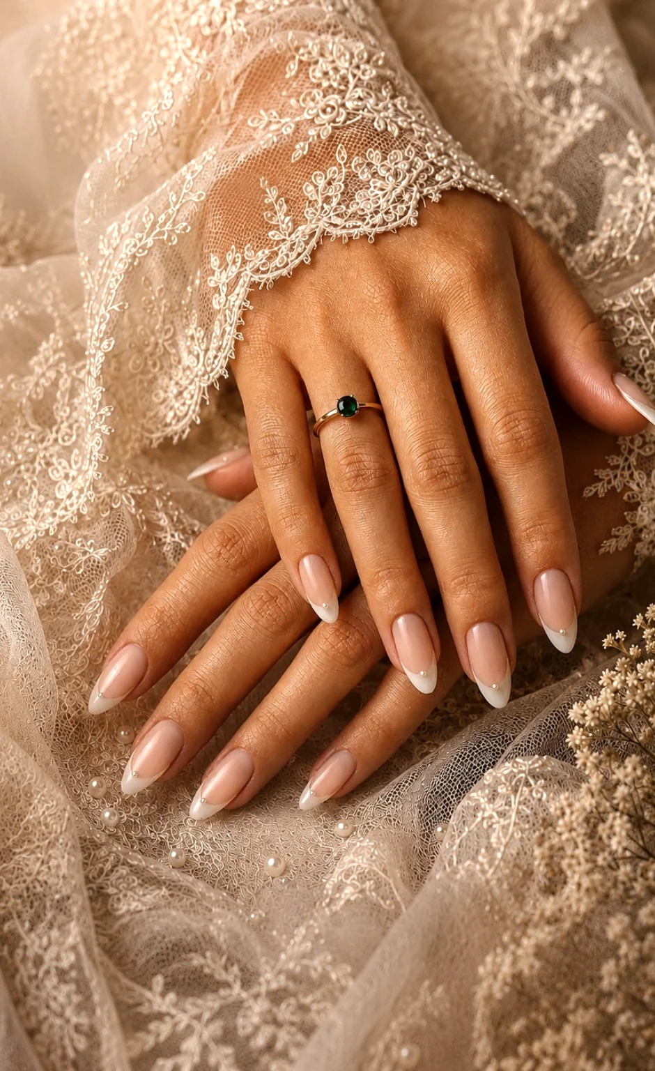Quiet bridal French nails with lace and ring detail