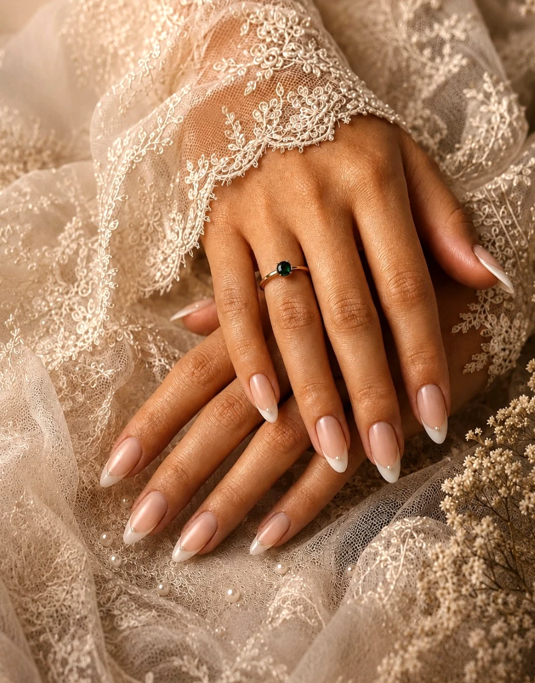 Quiet bridal French nails with lace and ring detail