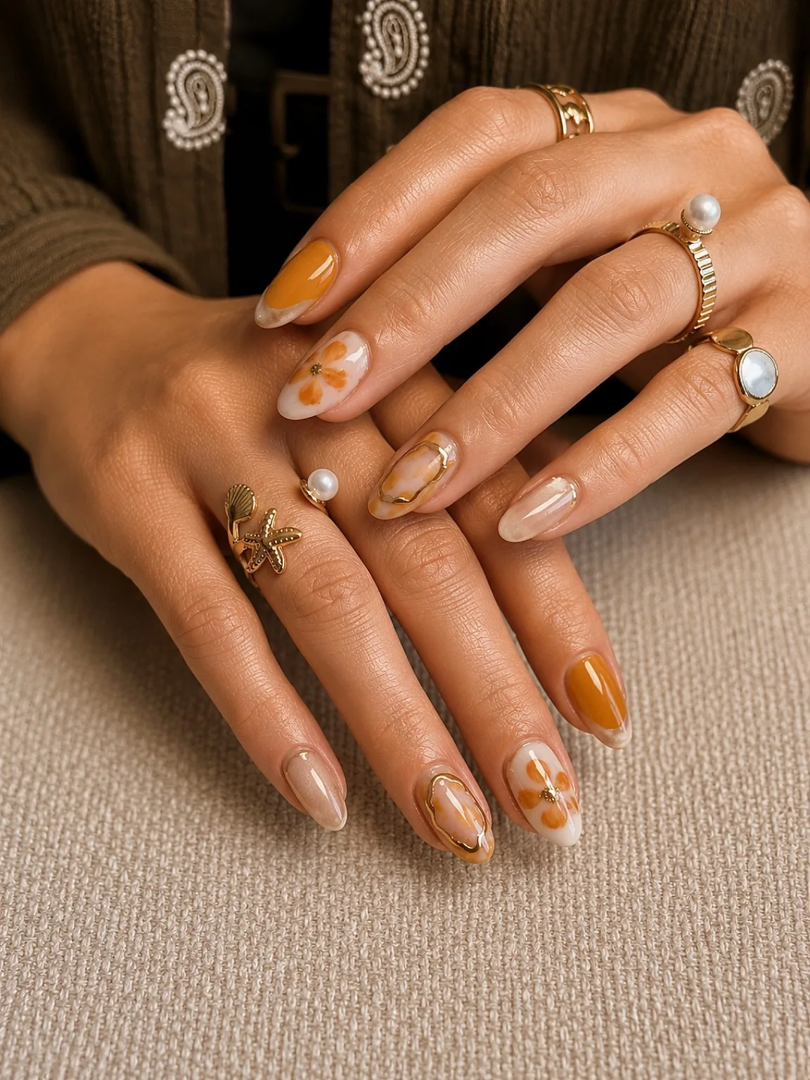 Amber floral almond nails with gold ring details by Marzieh Nail Atelier